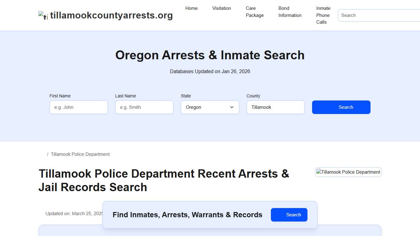 Tillamook Police Department, OR Arrests, Records, Jail Roster Lookup